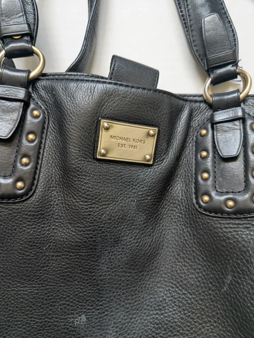 MICHAEL KORS Large Black Leather Studded Twisted Buckles Shoulder Tote Bag
